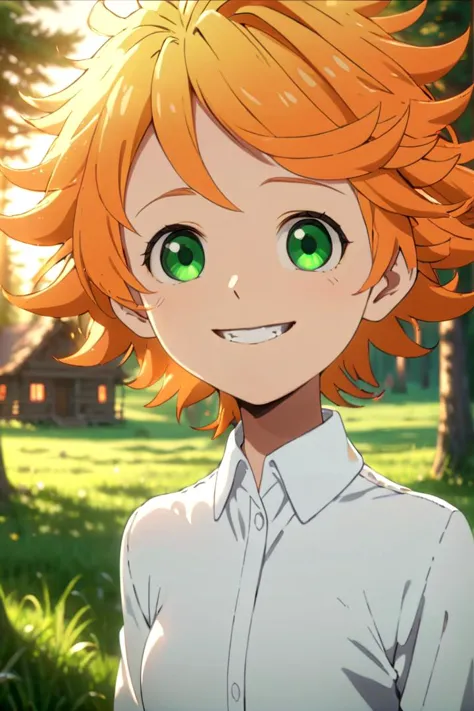 <lora:neverland-emma-000008:0.7>
a girl neverland_emma standing on a beautiful green field with trees in the background,
she has green eyes, short hair and wears a long sleeved white collared shirt, she has orange hair
she has a bright smile, a wooden cabin is in the background
the sun is setting, 
The soft lighting and detailed surroundings create an immersive environment where imagination runs wild hyper-detailed,
hyper-detailed face, high quality visuals, dim Lighting, sharply focused, octane render, 8k UHD