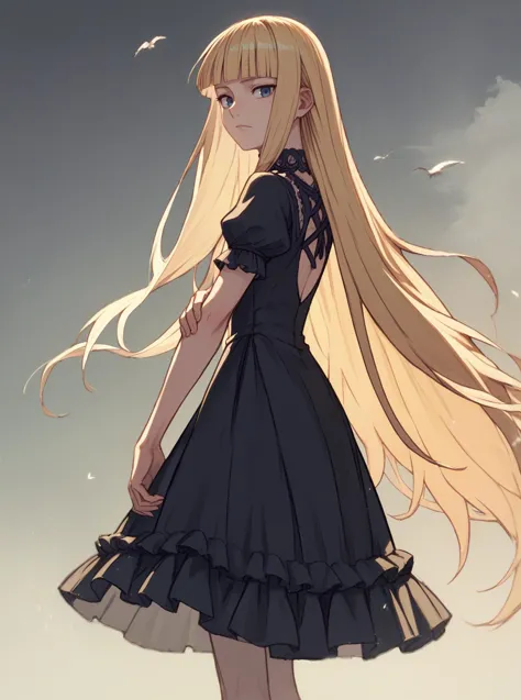 anime girl with long blonde hair and black dress standing in front of a cloudy sky