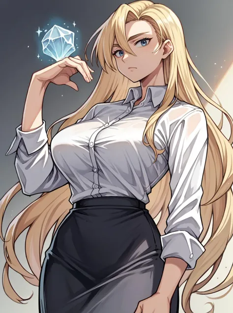 score_9, score_8_up, score_7_up, source_anime, solo, 1girl, evangeline a.k. mcdowell, blonde hair, long hair, aged up, large breasts, white shirt, black skirt, ice magic, Natural eyebrows, , , <lora:evangeline_PDXL-000002:1>