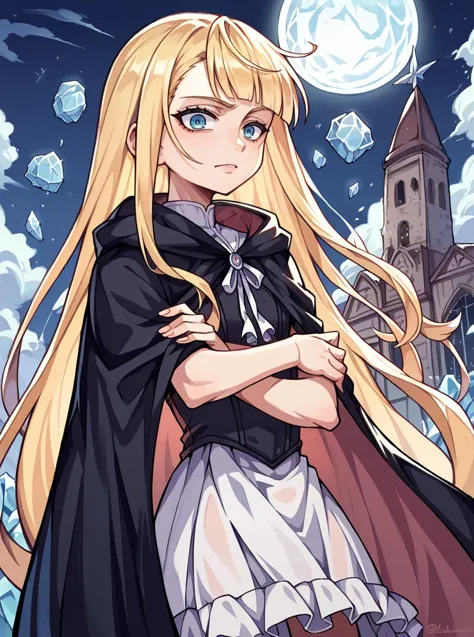 a woman with long blonde hair standing in front of a castle