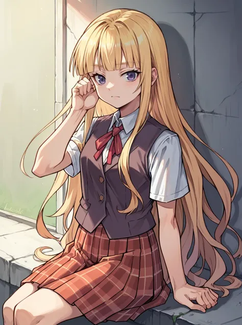 anime girl sitting on a ledge talking on a cell phone