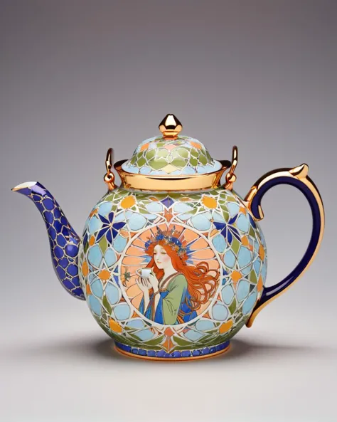 designed by Harry Clarke, Eugène Grasset and Alphonse Mucha, Glad teapot, <lora:Zellij:0.8> zlj-xl