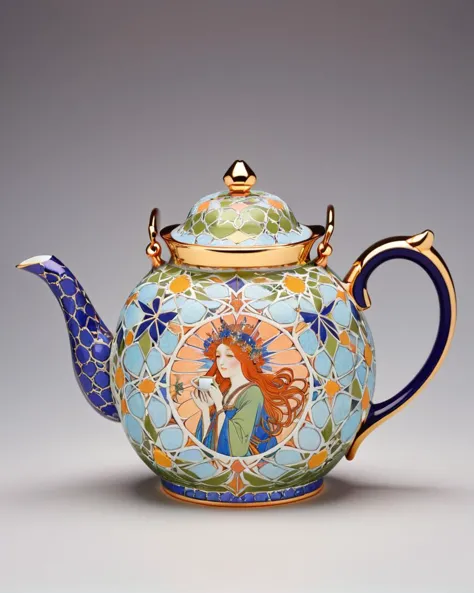 designed by Harry Clarke, Eugène Grasset and Alphonse Mucha, Glad teapot, zlj-xl