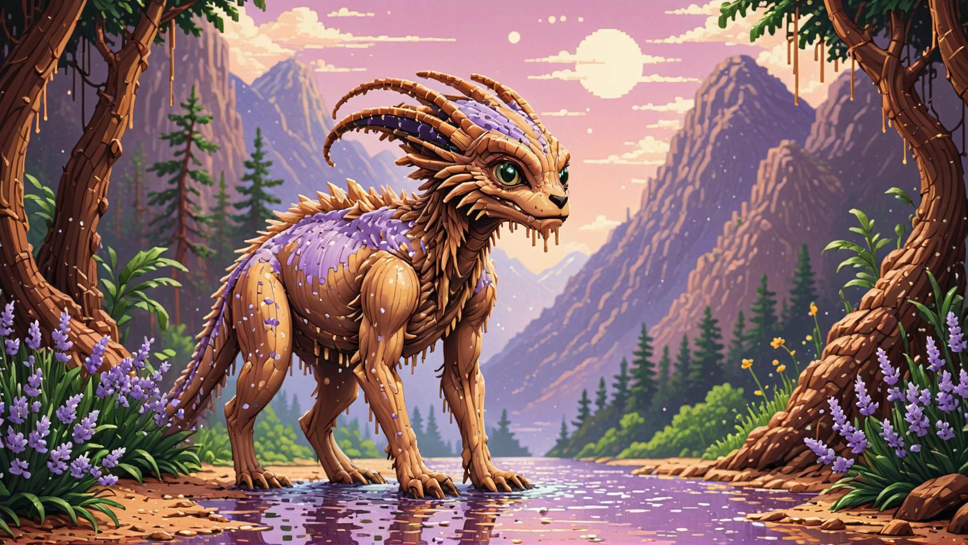 otherworldly, Warm Colors, alien and Taiga, dripping Lavender and Brown, pixel art zlj-xl