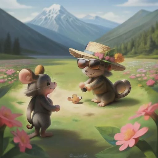 Cute fluffy animal baby mouse, highly detailed, side view, full body, smiling, mouse with hat and sunglasses,  little flowers,  cartoon, background is a colorful landscape with Mountain and forest, hyperrealistic cub, expressive, emotional,