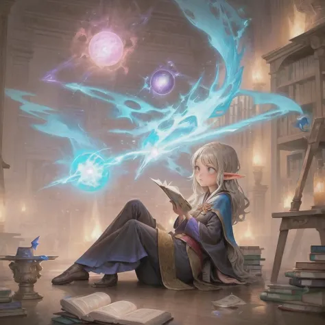 fantasy, workshop, interior, library, books,(sitting on the floor:1.3), wizard robes,focused, (1girl:1.3), elf, creationmagic,fr...