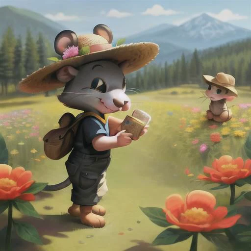 Cute fluffy animal baby mouse, highly detailed, side view, full body, smiling, mouse with hat and sunglasses,  little flowers,  cartoon, background is a colorful landscape with Mountain and forest, hyperrealistic cub, expressive, emotional,