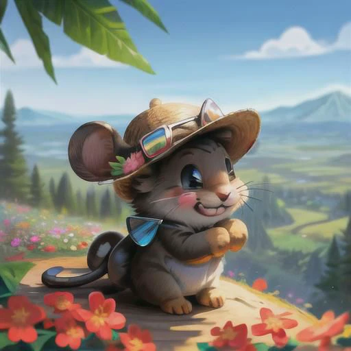 귀여운 푹신한 동물 아기 쥐, 매우 상세한, 측면보기, 전신, 웃고있는, 모자와 선글라스를 쓴 쥐,  작은 꽃,  만화, 배경은 산과 숲이 있는 다채로운 풍경입니다, 초현실적인 새끼, 나타내는, 감정적인,