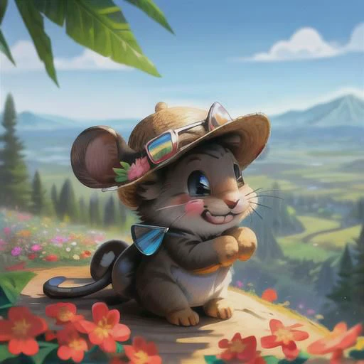 Mignonne souris bébé animal pelucheux, très détaillé, Vue de côté, Tout le corps, souriant, souris avec chapeau et lunettes de soleil,  petites fleurs,  dessin animé, le fond est un paysage coloré avec la montagne et la forêt, ourson hyperréaliste, expressif, Émotionnel,