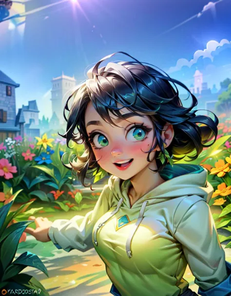 (cute girl holding a bunch of flowers in a flower garden), (hoodie, blue hair, green eyes, cute clothes), smile, :D,(fantasy, no...