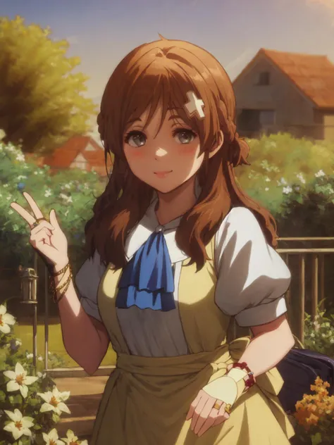 anime girl in a yellow dress pointing at something