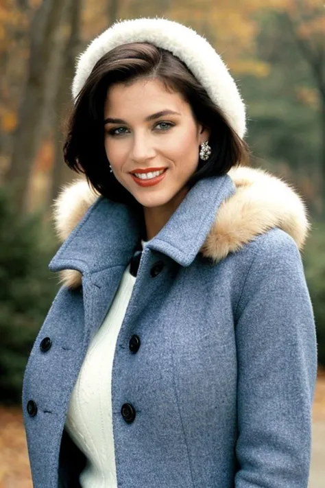 a close up of a woman in a blue coat and white sweater