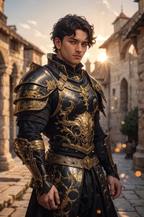 face portrait of a man, wearing (medieval full armor), outdoors, intense sunlight, far away castle, bokeh, depth of field, sunse...