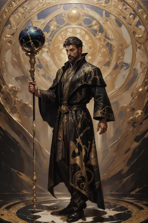 a man in a black robe holding a golden staff and a blue ball