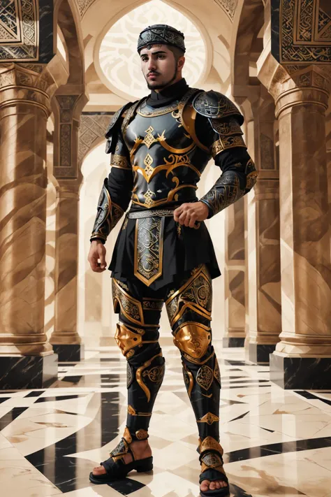 best quality, masterpiece, <lora:fmounshed-14:0.75>  fmounshed, facial hair, digital illustration, looking at viewer, mysterious expression, (ethereal abstract islamic art), BREAK <lora:Clothing - Gold Black Marble Armor:0.8> marb1e4rmor, marble arabesque armor, Islamic geometric designs, soft lighting, intricate patterns, calligraphy, Arabic script, tight-fitting armor