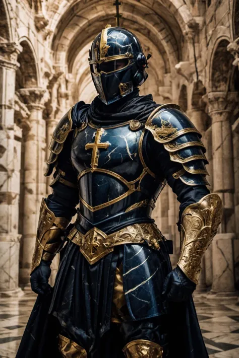 (Syrian man), marb1e4rmor, wearing marble paladin armor, dynamic pose, fighting stance, (fantasy medieval city background), knight helmet, cross,, realistic, masterpiece, intricate details, detailed background, depth of field, photo of a handsome man,