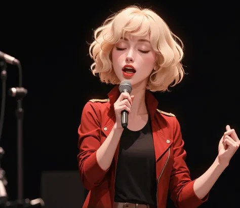 blond woman in red jacket singing into microphone on stage