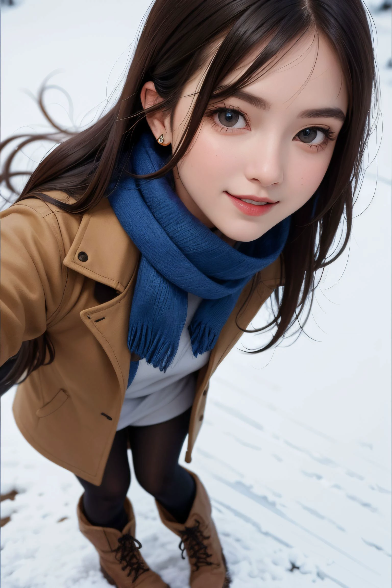 (close-up:1.4), 
(RAW photo:1.2), (photorealistic:1.4),(masterpiece:1.3),(best quality:1.4), dreamlike, (detailed eyes),(detailed facial features), (detailed clothes features), skin tight, (shiny skin),(slender girl),(slim girl), 1girl, ((full body)),solo, cute,smlie,(medium breasts), bangs, straight hair, long hair, black hair, black eyes, crystal pendant, Long blue scarf,White long wool coat,Black thick pantyhose,Brown snow boots,