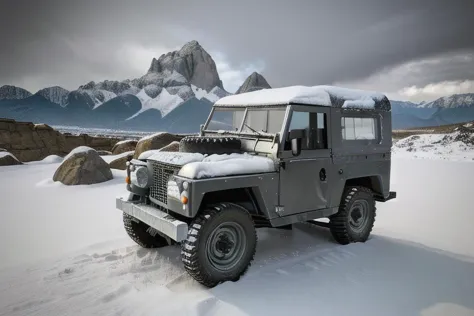 land rover, lightweight, dirty, covered in snow, low angle, 3d, realistic, highly detailed, rocks, stones, mountains in the back...