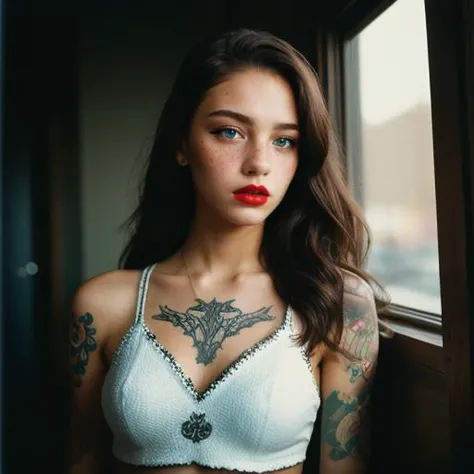 a woman with tattoos on her chest and chest