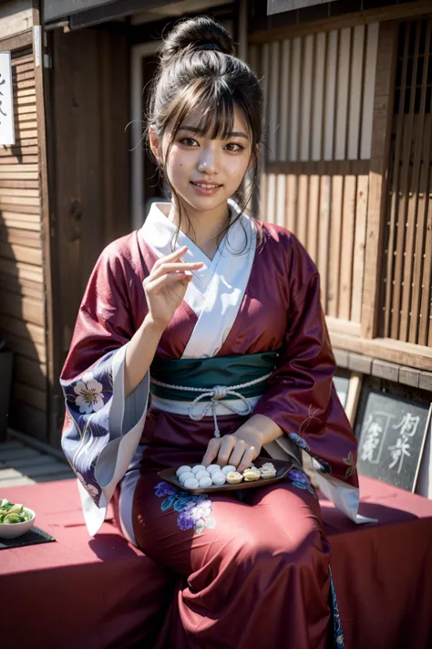 araffe woman in a kimono sitting on a bench with a plate of food