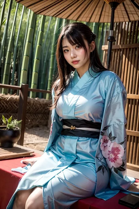 araffe woman in a blue kimono sitting on a bench