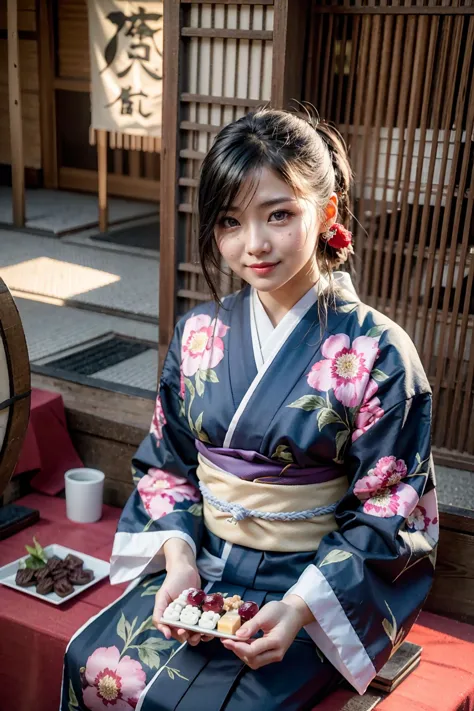 araffe woman in a kimono sitting on a bench with a plate of food