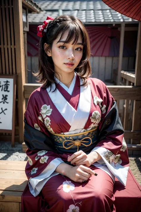 arafed asian woman in a kimono sitting on a bench