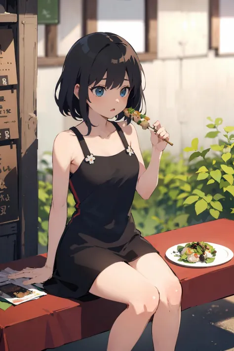 anime girl sitting on a bench eating a plate of food