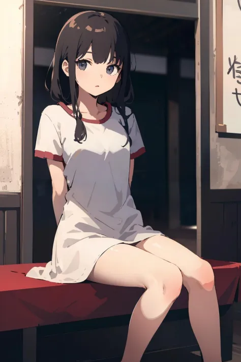 anime girl sitting on a bench in front of a sign