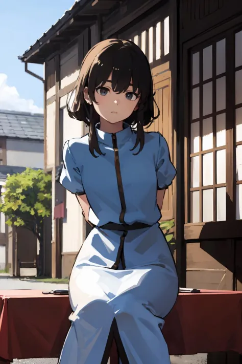 anime girl sitting on a bench in front of a building