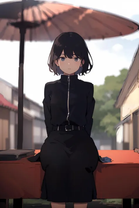 anime girl sitting on a bench with an umbrella in the background