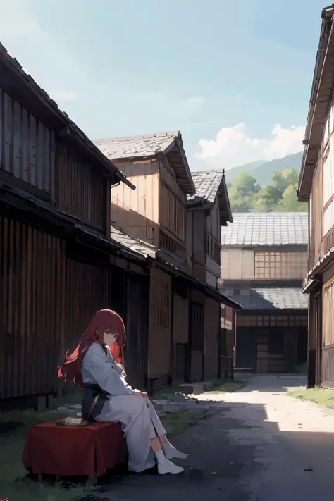 anime scene of a woman sitting on a bench in a courtyard