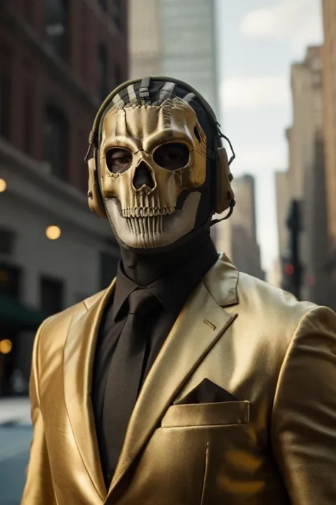 cinematic film still Call of Duty soldier, skeleton mask, in NY city, (wearing gold suit:1.2), full body shot, high detail, high...