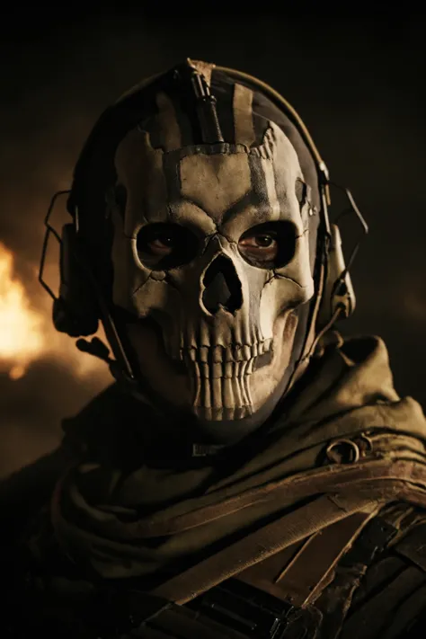 cinematic film still one call of duty soldier, skeleton mask, in middle of dead soldier bodies, angry, portrait shot, very dark ...