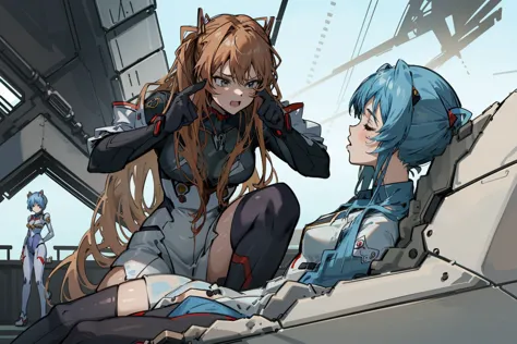 anime characters sitting on a bench in a spaceship with a woman