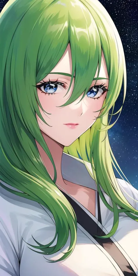 a close up of a person with green hair and a white shirt