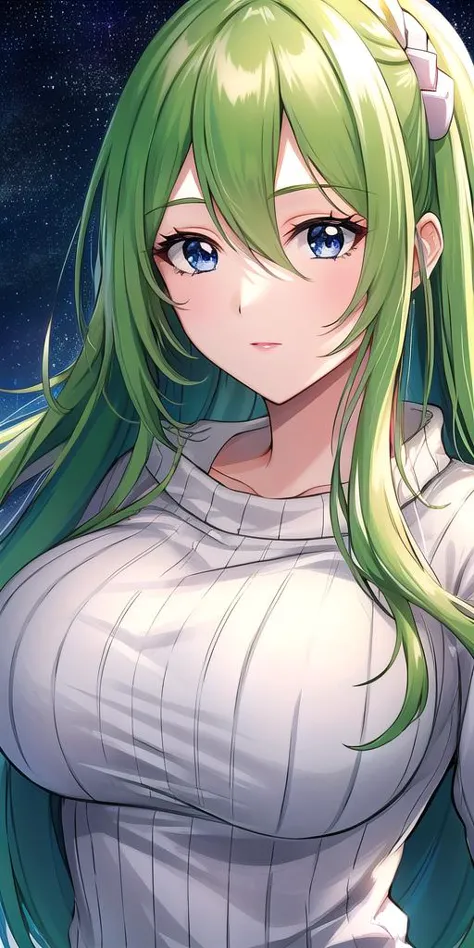 a close up of a woman with long green hair and a white shirt