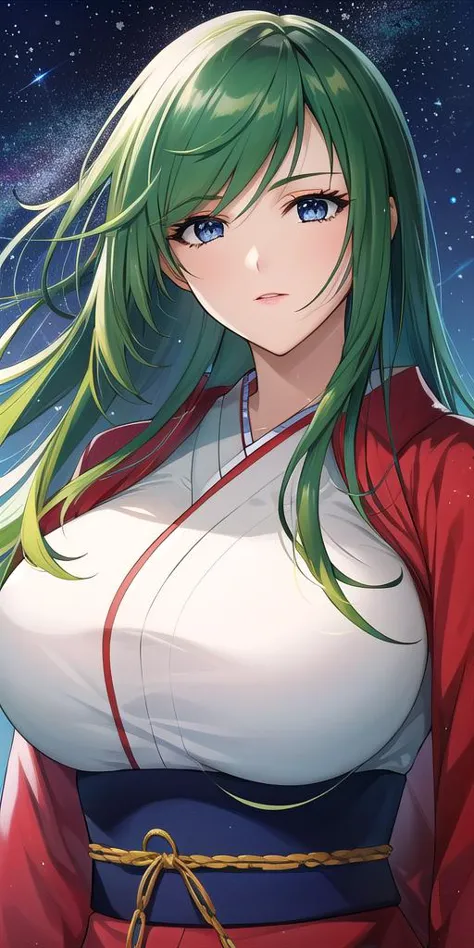 <lora:EmiliaJeniusV2:0.7> emiliajenius, huge_breasts, huge_breasts, standing, solo, kimono, starry_sky, green_hair,, masterpiece, best_quality, detailed_face, detailed_eyes, highres, beautiful, detailed,