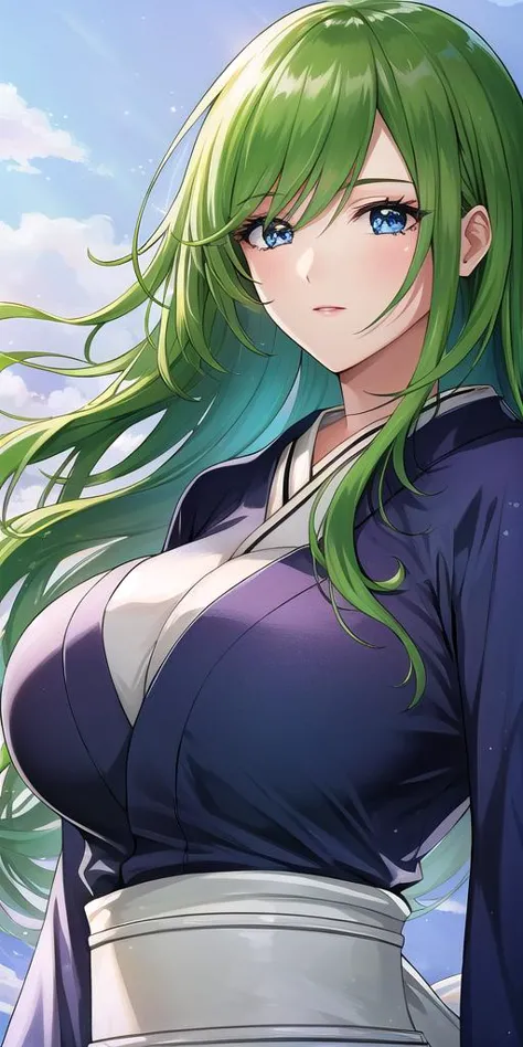 a woman with green hair and a blue top is posing