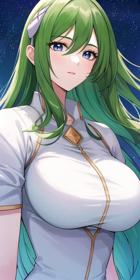 a woman with green hair and a white shirt is standing in front of a starr sky