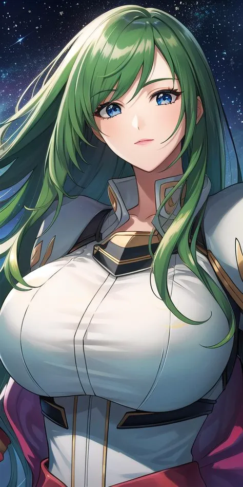 <lora:EmiliaJeniusV2:0.7> emiliajenius, huge_breasts, huge_breasts, standing, solo, , starry_sky, green_hair,, masterpiece, best_quality, detailed_face, detailed_eyes, highres, beautiful, detailed,