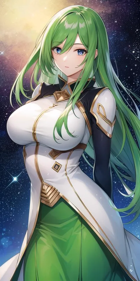 a woman with green hair and a white dress in front of a galaxy