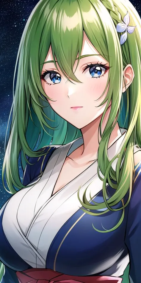 <lora:EmiliaJeniusV2:0.7> emiliajenius, huge_breasts, huge_breasts, standing, solo, kimono, starry_sky, green_hair,, masterpiece, best_quality, detailed_face, detailed_eyes, highres, beautiful, detailed,