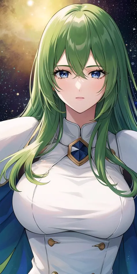 a woman with green hair and blue eyes standing in front of a space background