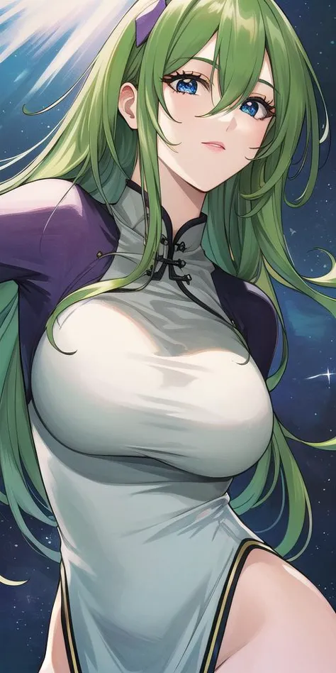 <lora:EmiliaJeniusV2:0.7> emiliajenius, huge_breasts, huge_breasts, standing, solo, china_dress, starry_sky, green_hair,, masterpiece, best_quality, detailed_face, detailed_eyes, highres, beautiful, detailed,