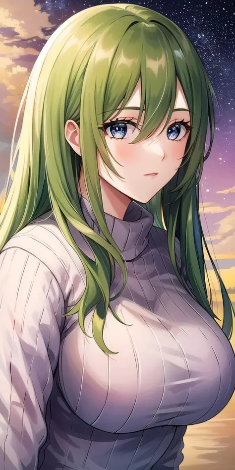 <lora:EmiliaJeniusV2:0.7> emiliajenius, huge_breasts, huge_breasts, standing, solo, sweater, starry_sky, green_hair,, masterpiece, best_quality, detailed_face, detailed_eyes, highres, beautiful, detailed,