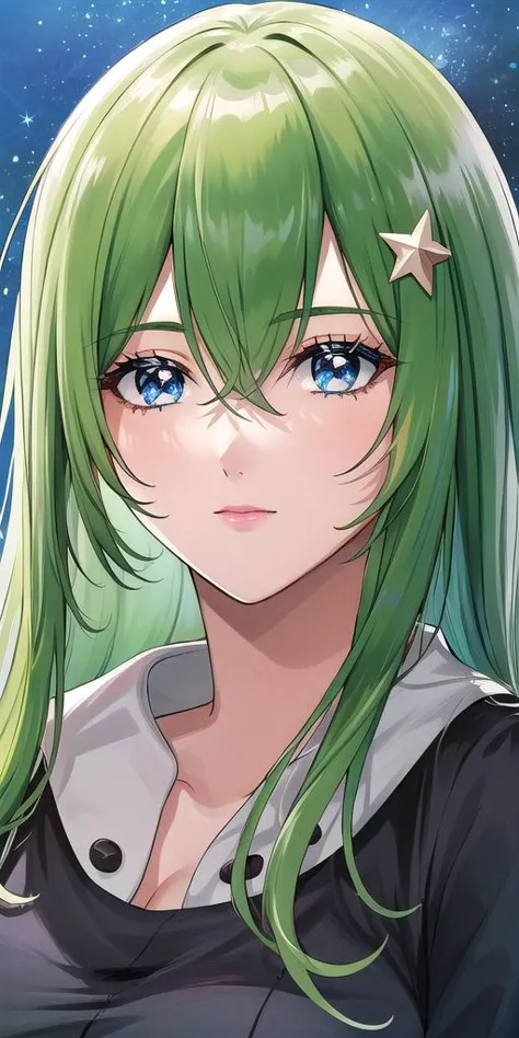 a close up of a person with green hair and blue eyes