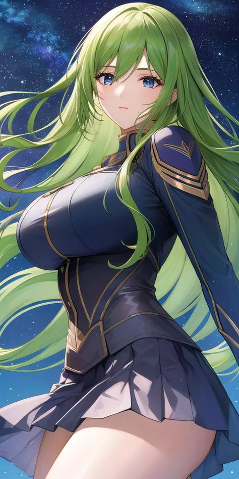 a woman with long green hair and a blue dress in the sky