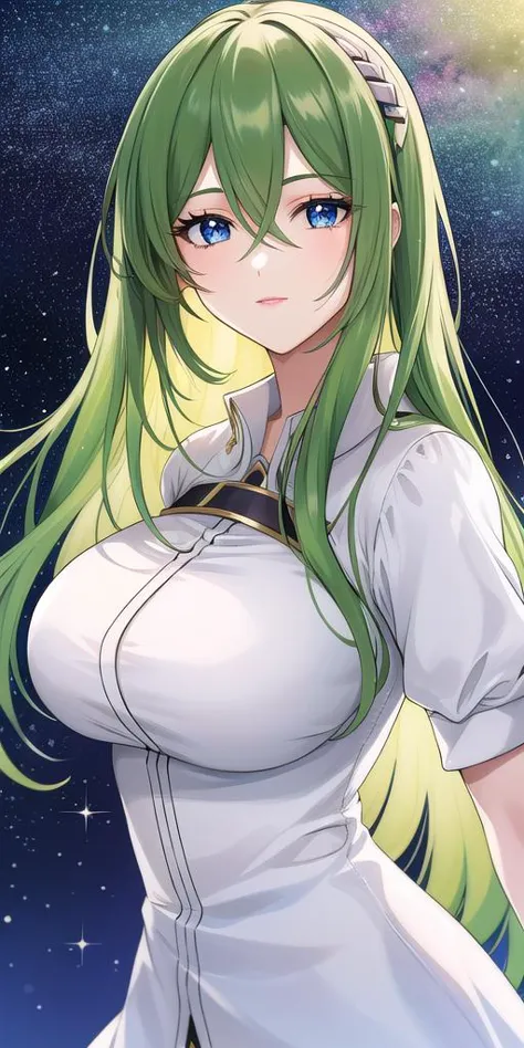 a woman with long green hair and a white dress in front of a starr sky